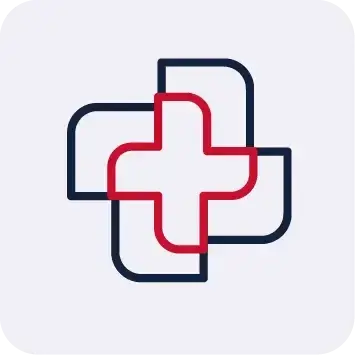 Medical cross icon with overlapping red and navy rounded shapes | HSO Technology