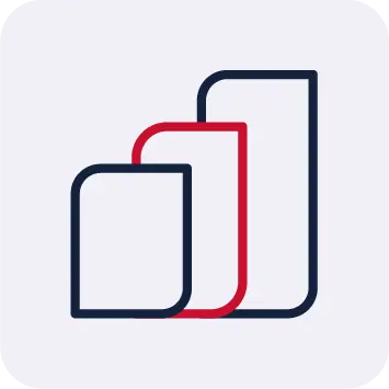 Layered rounded panels icon in red and navy representing data stacking or layered structure | HSO Technology