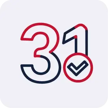 Calendar “31” icon with integrated checkmark in red and navy outline style | HSO Technology