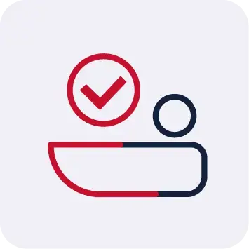 User verification icon with checkmark in red and navy | HSO Technology