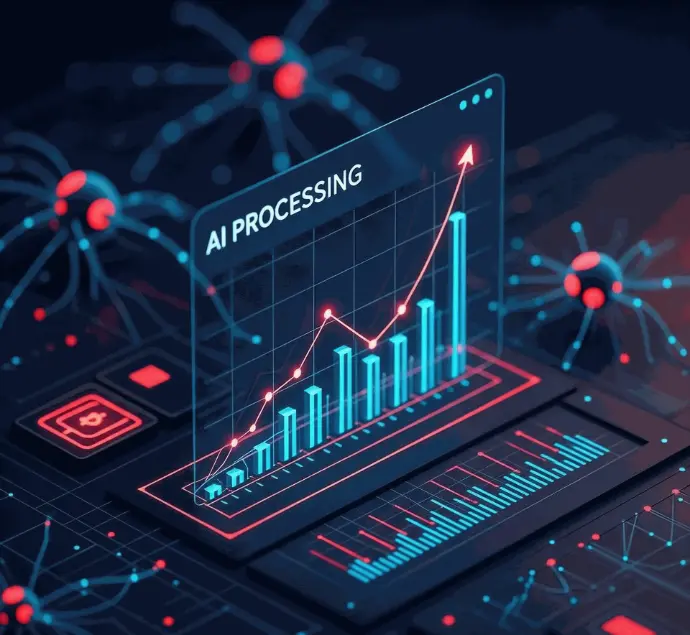 AI processing dashboard with rising bar and line charts in neon red and blue | HSO Technology