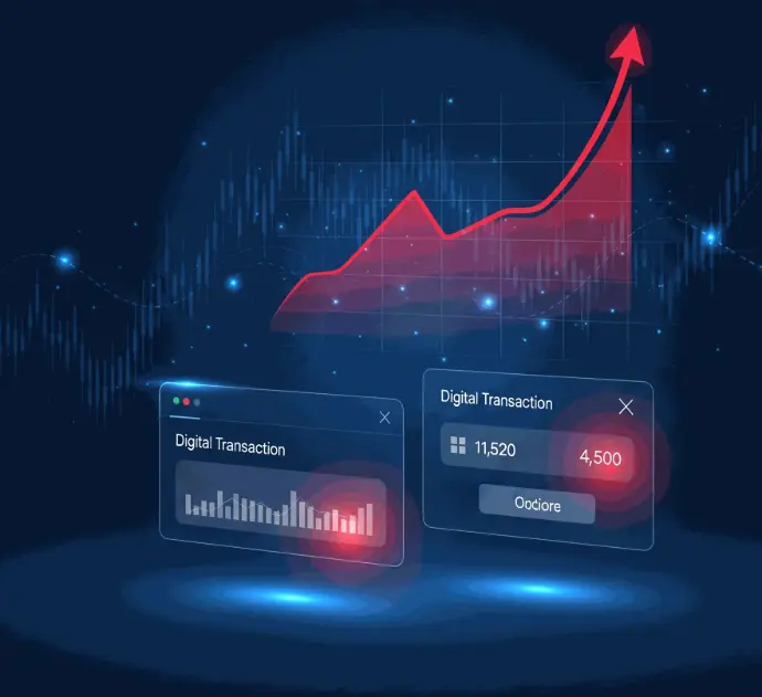 Digital transaction dashboard with rising red growth chart and futuristic UI elements | HSO Technology