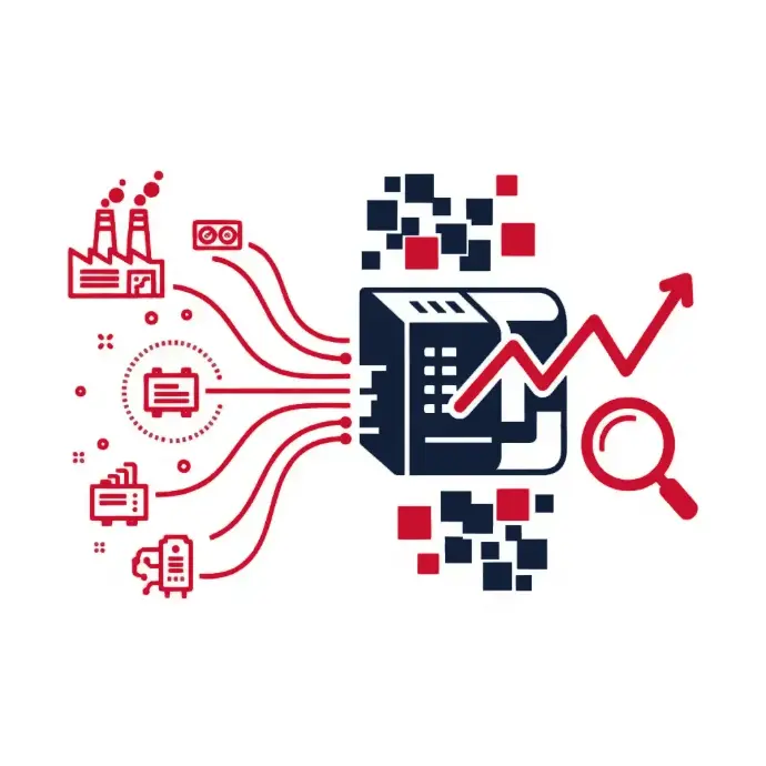 Industrial data flow transforming into analytics: red factory icons feeding information into a central digital system with charts, magnifier, and pixel blocks | HSO Technology