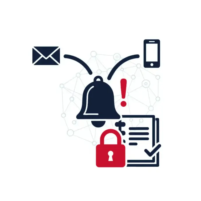 Security alert workflow with bell notification, email and mobile inputs, documents, exclamation mark, and red padlock icon | HSO Technology