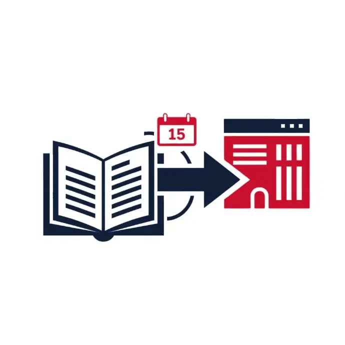 Open book with calendar icon and bold arrow pointing toward a building webpage interface | HSO Technology