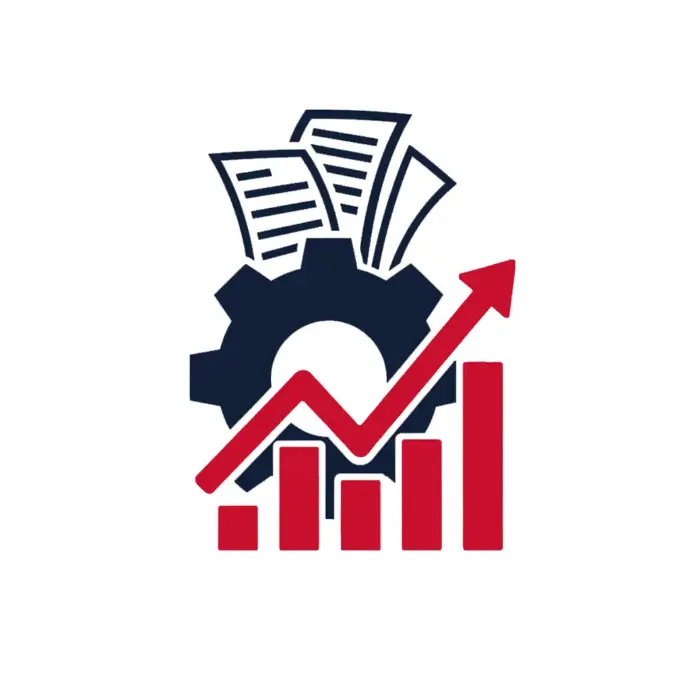 Gear and documents behind rising red bar chart with upward trend arrow | HSO Technology
