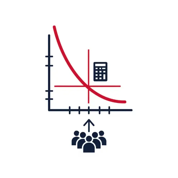 Graph with downward curve, calculator icon, and group of people indicating analytical insights for teams | HSO Technology
