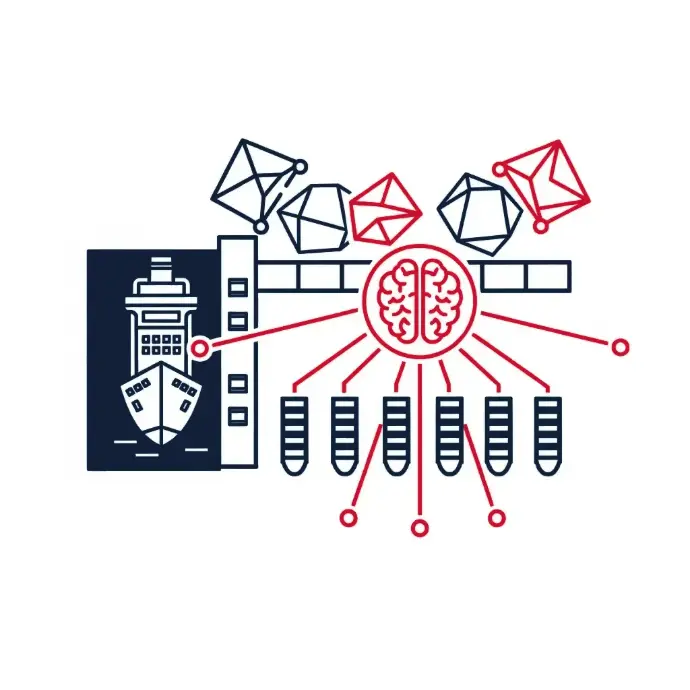 AI-driven maritime logistics diagram with central brain, cargo ship, blockchain nodes, data blocks, and connected supply elements | HSO Technology
