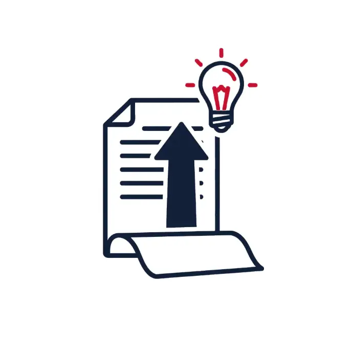 Document improvement and idea generation icon with upward arrow and lightbulb in red and navy | HSO Technology