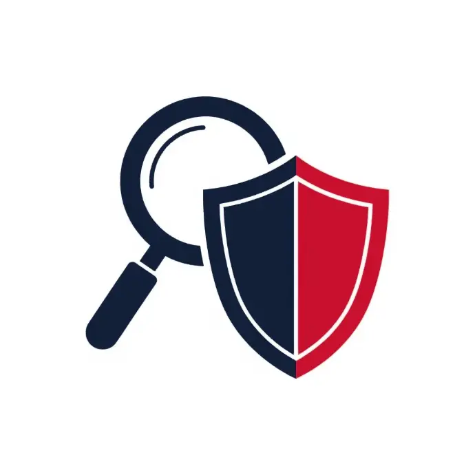Security auditing icon with magnifying glass and shield in red and navy | HSO Technology