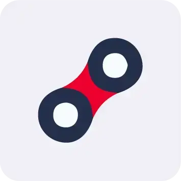 Minimalist icon of a chain link, featuring two dark blue rings connected by a red center piece.