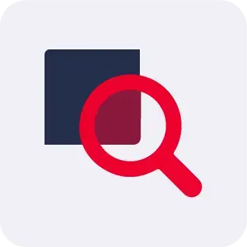 Minimalist icon featuring a red magnifying glass overlaying a dark blue square.