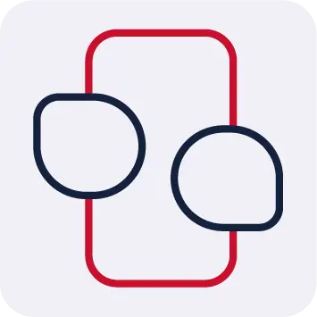 mobile chat interface icon with overlapping speech bubbles in red and navy | HSO Technology
